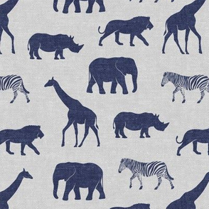 Safari animals - blue on grey - elephant, giraffe, rhino, zebra