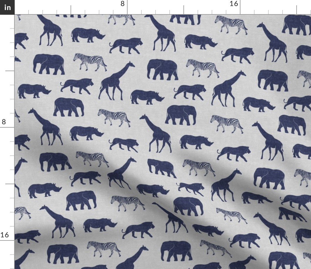 Safari animals - blue on grey - elephant, giraffe, rhino, zebra