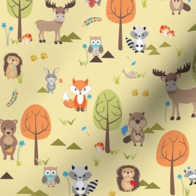 Cute Woodland Animals on Yellow - SMALL Scale