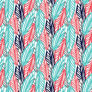 Leaf Pattern in Aqua Teal, Red, Blue & Gray/White