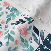 Blues Floral Quilt Panel - Cheater Quilt, Patchwork Blush Peach Mint Watercolor Peonies & Teal/Blue Leaves. Ginger Lous