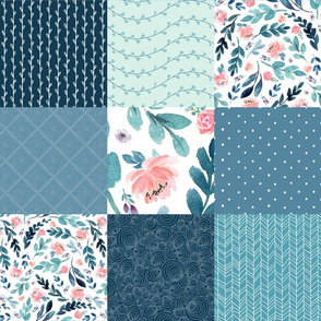 Blues Floral Quilt Panel - Cheater Quilt, Patchwork Blush Peach Mint Watercolor Peonies & Teal/Blue Leaves. Ginger Lous