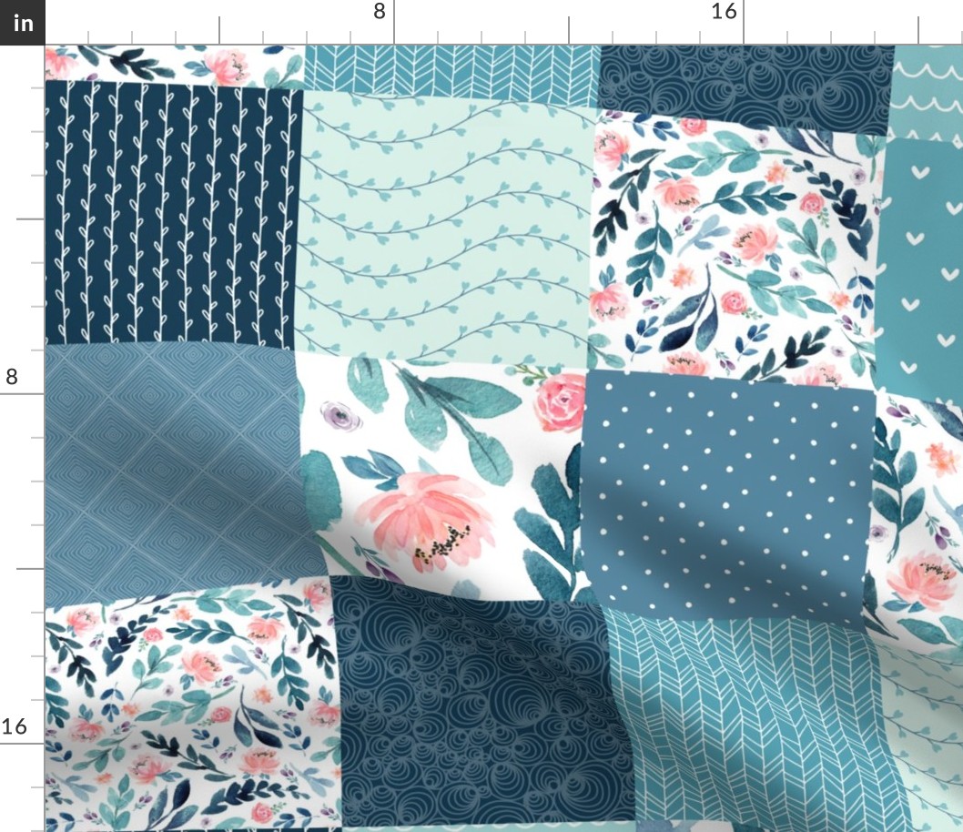 Blues Floral Quilt Panel - Cheater Quilt, Patchwork Blush Peach Mint Watercolor Peonies & Teal/Blue Leaves. Ginger Lous