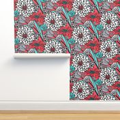 Jumbo Floral Pattern in Aqua, White and Coral Red