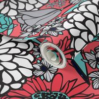 Jumbo Floral Pattern in Aqua, White and Coral Red