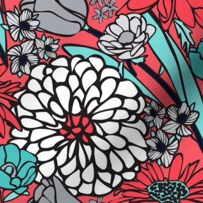 Jumbo Floral Pattern in Aqua, White and Coral Red