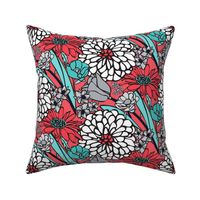 Jumbo Floral Pattern in Aqua, White and Coral Red