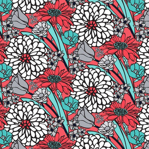 Jumbo Floral Pattern in Aqua, White and Coral Red