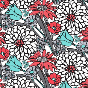 Jumbo Retro Floral in Red, White, Blue & Grays