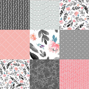 Peach / Gray Floral Quilt Panel - Cheater Quilt, Patchwork Blush Peach Watercolor Peonies & Gray Leaves. Ginger Lous
