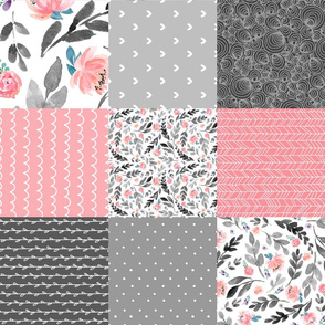Peach / Gray Floral Quilt Panel ROTATED - Cheater Quilt, Patchwork Blush Peach Watercolor Peonies & Gray Leaves. Ginger Lous