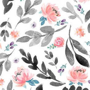 Blush Peach Watercolor Peonies & Dark Grey Leaves - LARGE Scale