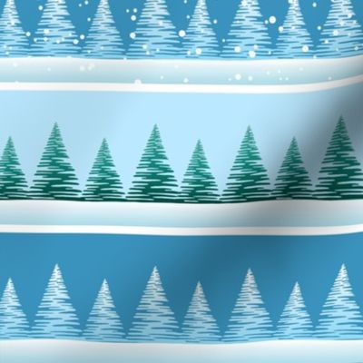 Christmas Trees Stripe on Snow Blue Border