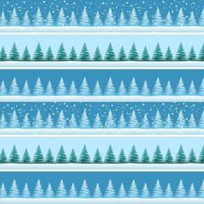 Christmas Trees Stripe on Snow Blue Border