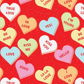 Be Mine Sweet Valentine - Pastel Conversational Hearts Candy on Bright Red - Large - 16x16
