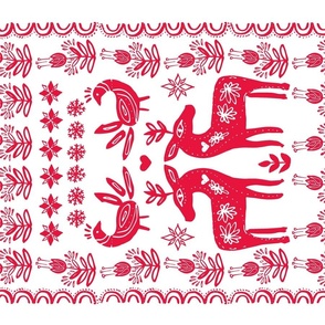  Folk Art Tea Towel, Red and White