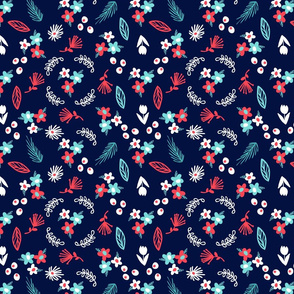 Navy, Aqua, coral & white floral pattern