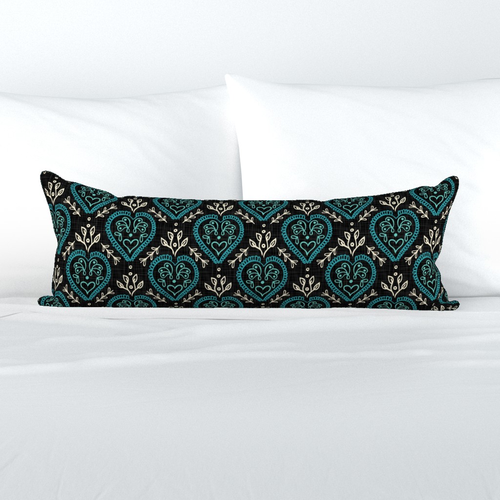Hearts & Leaves - Teal, H White, Black