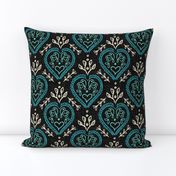 Hearts & Leaves - Teal, H White, Black