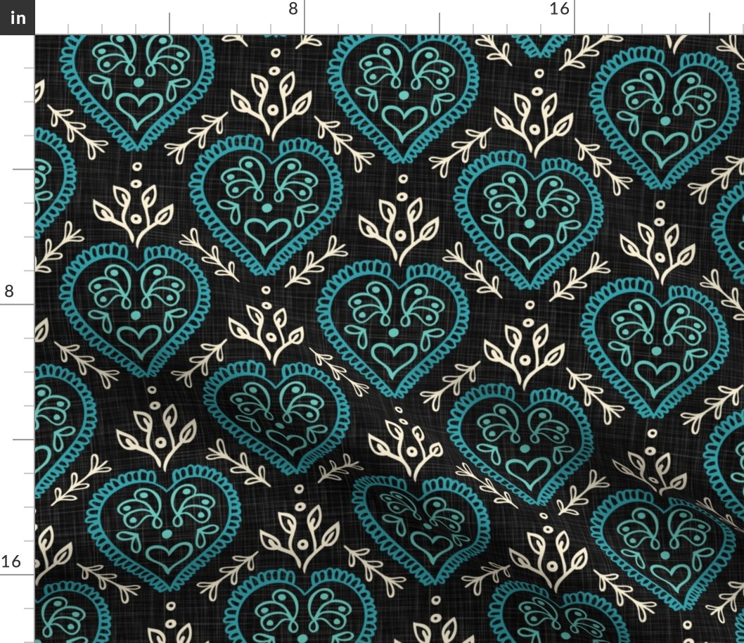 Hearts & Leaves - Teal, H White, Black