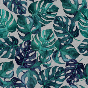 40” Monstera Leaves - Emerald on Grey Linen - tropical