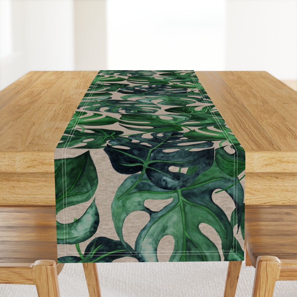 40” Monstera Leaves - on tan linen