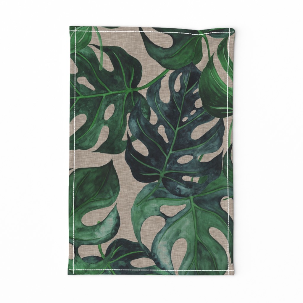 40” Monstera Leaves - on tan linen