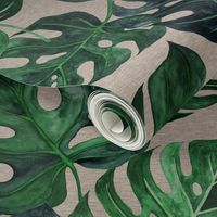 40” Monstera Leaves - on tan linen