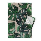 40” Monstera Leaves - on tan linen