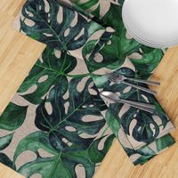 40” Monstera Leaves - on tan linen