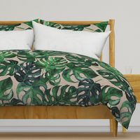 40” Monstera Leaves - on tan linen