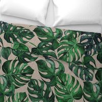 40” Monstera Leaves - on tan linen