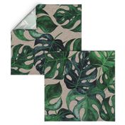 40” Monstera Leaves - on tan linen