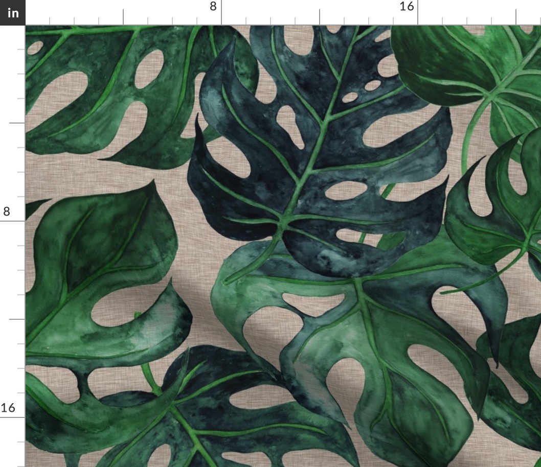 40” Monstera Leaves - on tan linen