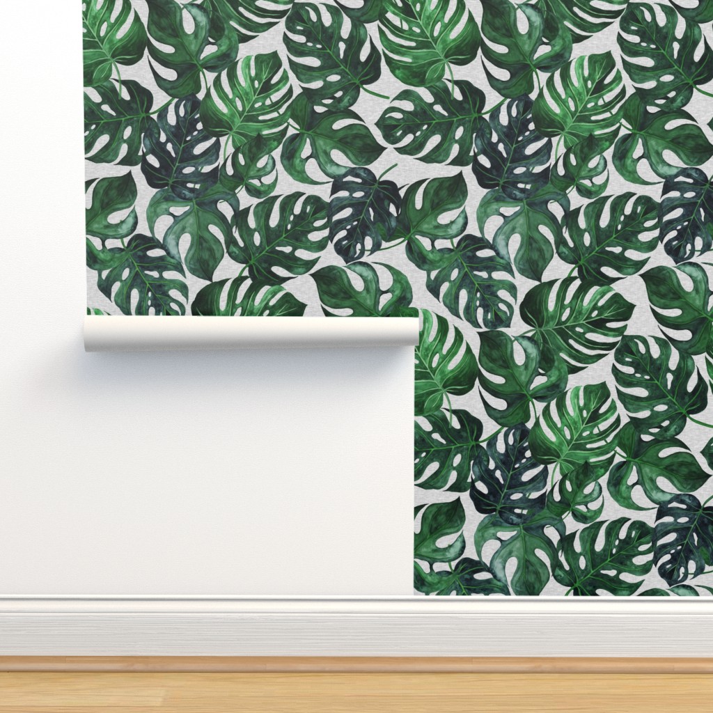 40” Jumbo Monstera Leaves -dark green on Wallpaper | Spoonflower