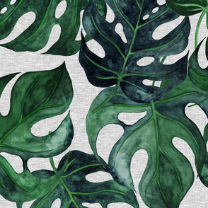 40” Jumbo Monstera Leaves -dark green on grey linen - wallpaper