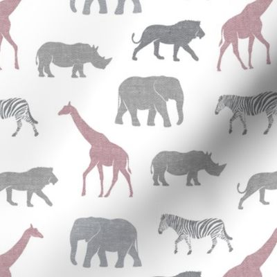 Safari animals - multi mauve - elephant, giraffe, rhino, zebra