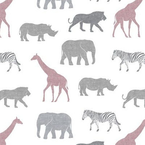 Safari animals - multi mauve - elephant, giraffe, rhino, zebra