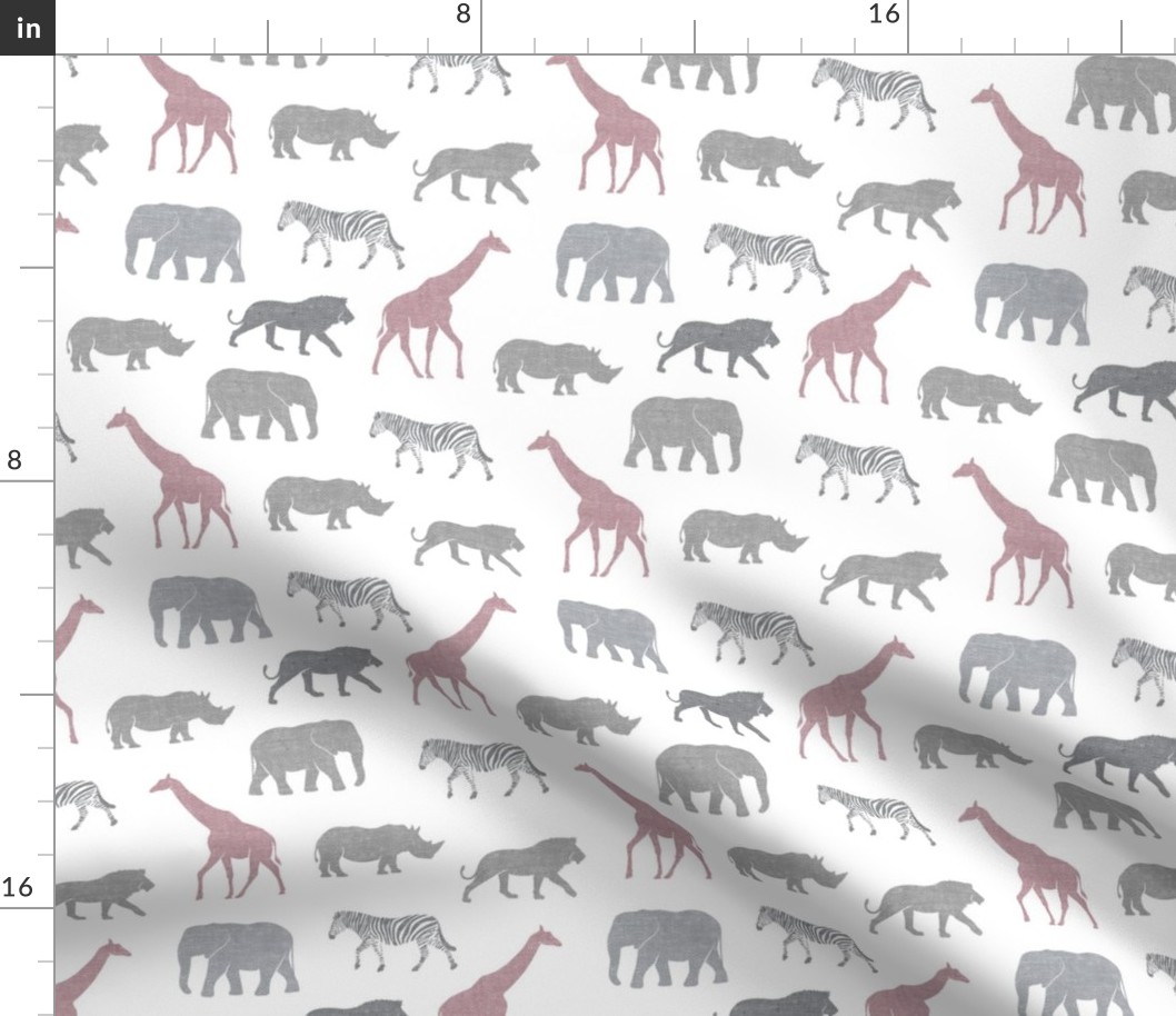 Safari animals - multi mauve - elephant, giraffe, rhino, zebra