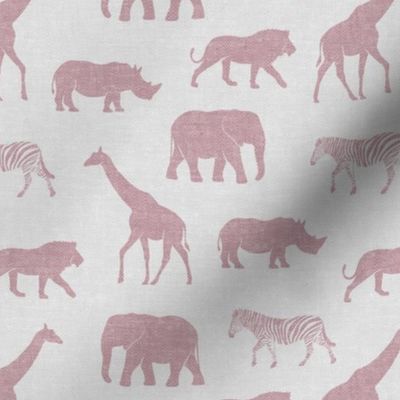 Safari animals - mauve on grey - elephant, giraffe, rhino, zebra