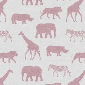 Safari animals - mauve on grey - elephant, giraffe, rhino, zebra