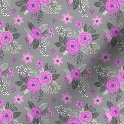 Vintage Antique Floral Flowers Purple Lilac on Grey Smaller Tiny