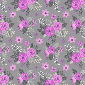 Vintage Antique Floral Flowers Purple Lilac on Grey Smaller Tiny