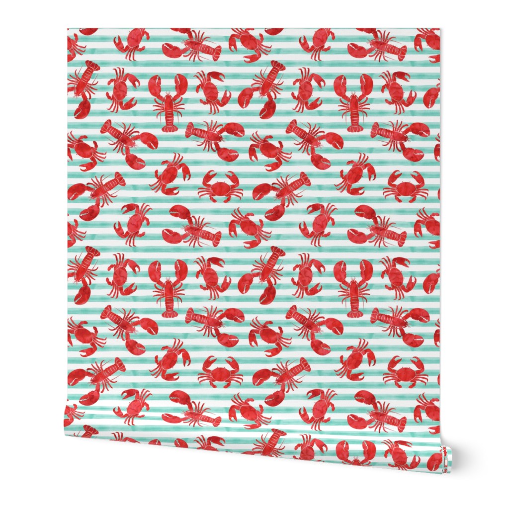 (3/4" scale) lobsters and crabs on aqua stripes C19BS