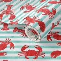 (3/4" scale) lobsters and crabs on aqua stripes C19BS