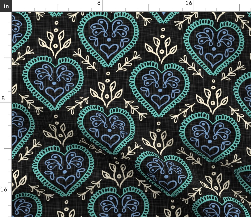 Heart & Leaves - Turquoise, Periwinkle, H White, Black