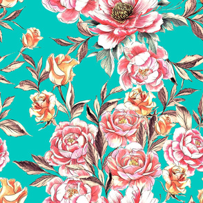 Roses 'n Peonies Teal