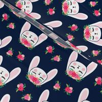 Floral Bunnies - navy - easter spring rabbit bunnies LAD19