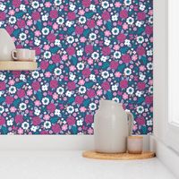 Flowers and Roses  Floral Pink on Navy Dark Blue