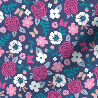 Flowers and Roses  Floral Pink on Navy Dark Blue